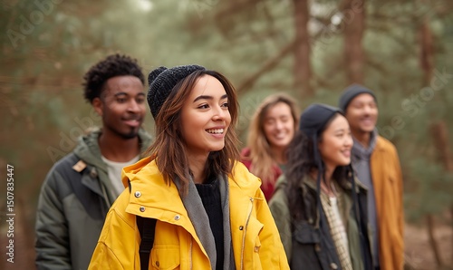 Multi-ethnic friends enjoying nature walk in woods