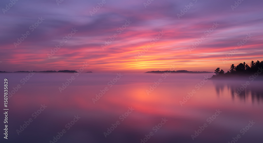 Naklejka premium Serene Misty Lake Sunrise with Colorful Sky and Silhouetted Trees