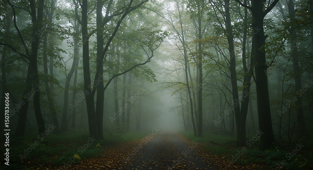 Obraz premium Mysterious Foggy Forest Path Enchanting Autumnal Woods Road Scene