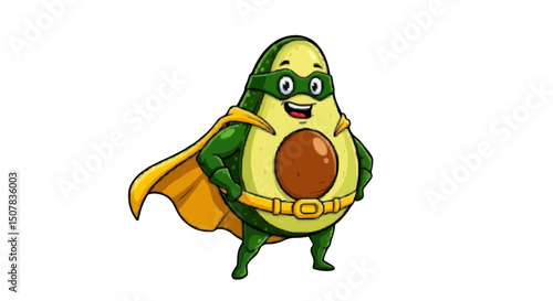 Illustration of a cartoon avocado superhero with a cape and mask standing confidently smiling