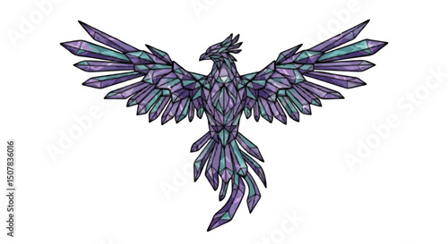 A crystal phoenix with wings spread wide showing a purple and teal color scheme on a white background