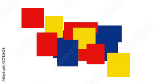 Arrangement of overlapping red yellow and blue squares on a white background creating a modern art design