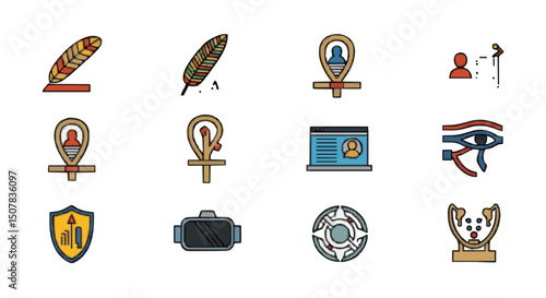 A collection of diverse icons including feathers ankhs eye of horus vr headset and a person speaking