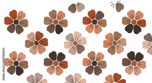 Floral pattern with brown and beige flowers arranged on a white background in a repeating design