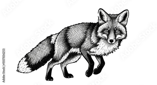 Detailed monochrome illustration of a fox standing with a bushy tail and pointed ears looking forward