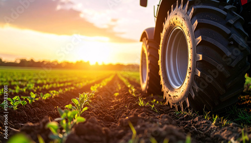 Harvest Dawn: A tractor's wheels are set against a backdrop of a vibrant sunrise casting a golden glow across a freshly cultivated field. The scene captures the essence of agriculture.