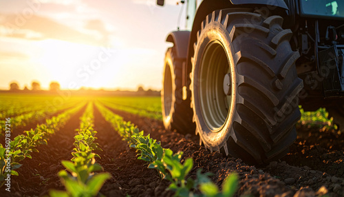 Tractor in Cultivated Farmland: A powerful tractor stands in the forefront of a vibrant farmland with rows of lush crops bathed in golden sunlight.