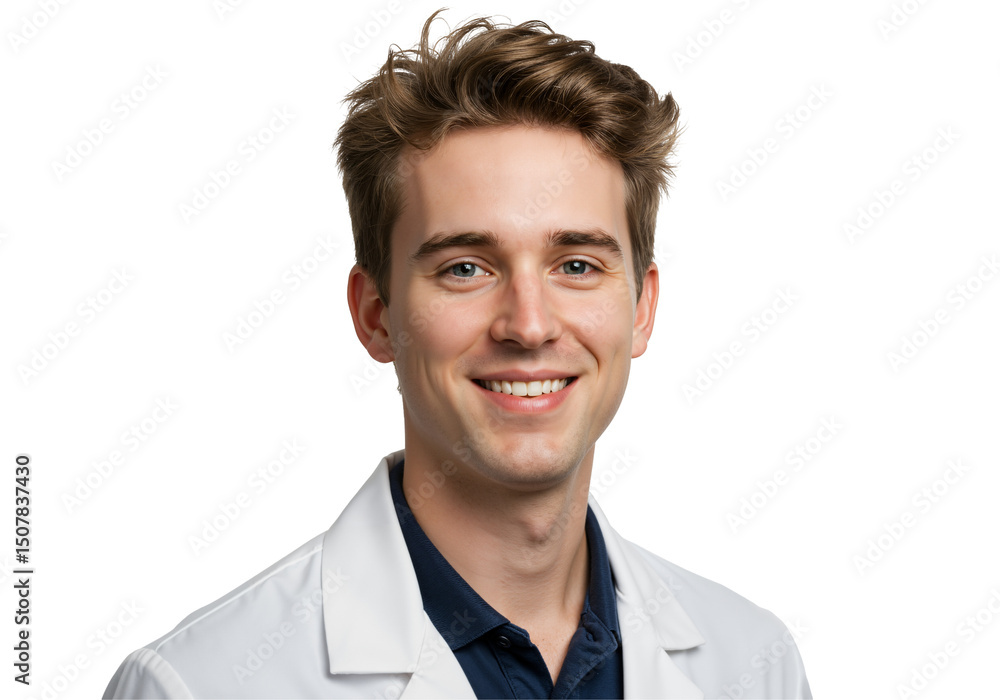 Young Caucasian Male Doctor Smiling Confidently in White Lab Coat. Friendly Healthcare Professional Headshot Portrait Isolated on transparent background. Medical Student or Practitioner. Young Caucasian Male Doctor Smiling Confidently in White Lab Coat. Friendly Healthcare Professional Headshot Portrait Isolated on transparent background. Medical Student or Practitioner.