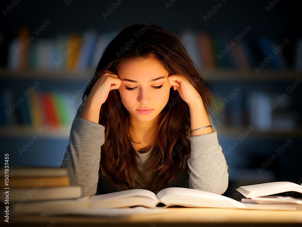 Stressed young woman holding head in hands at desk with books, studying for exam Stressed young woman holding head in hands at desk with books, studying for exam