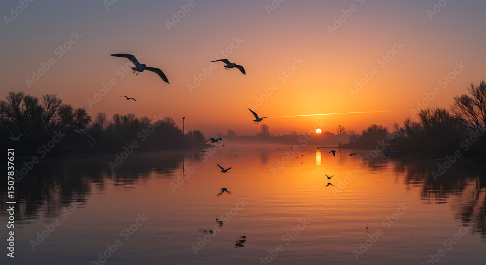 Obraz premium Serene Sunrise Birds in Flight over Calm River at Dawn