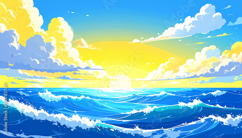 Sunrise over the Ocean: An artful depiction of a vibrant sunrise paints the sky above the boundless ocean, evoking feelings of serenity and peace.