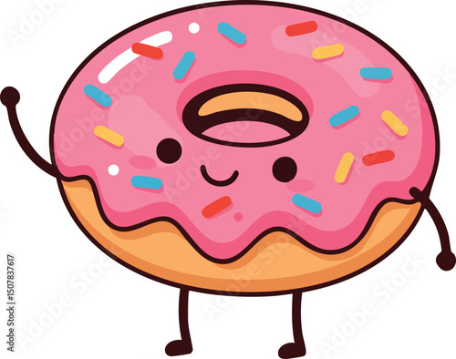 Pink Frosted Donut Character with Sprinkles and Smiling Face Vector Illustration
