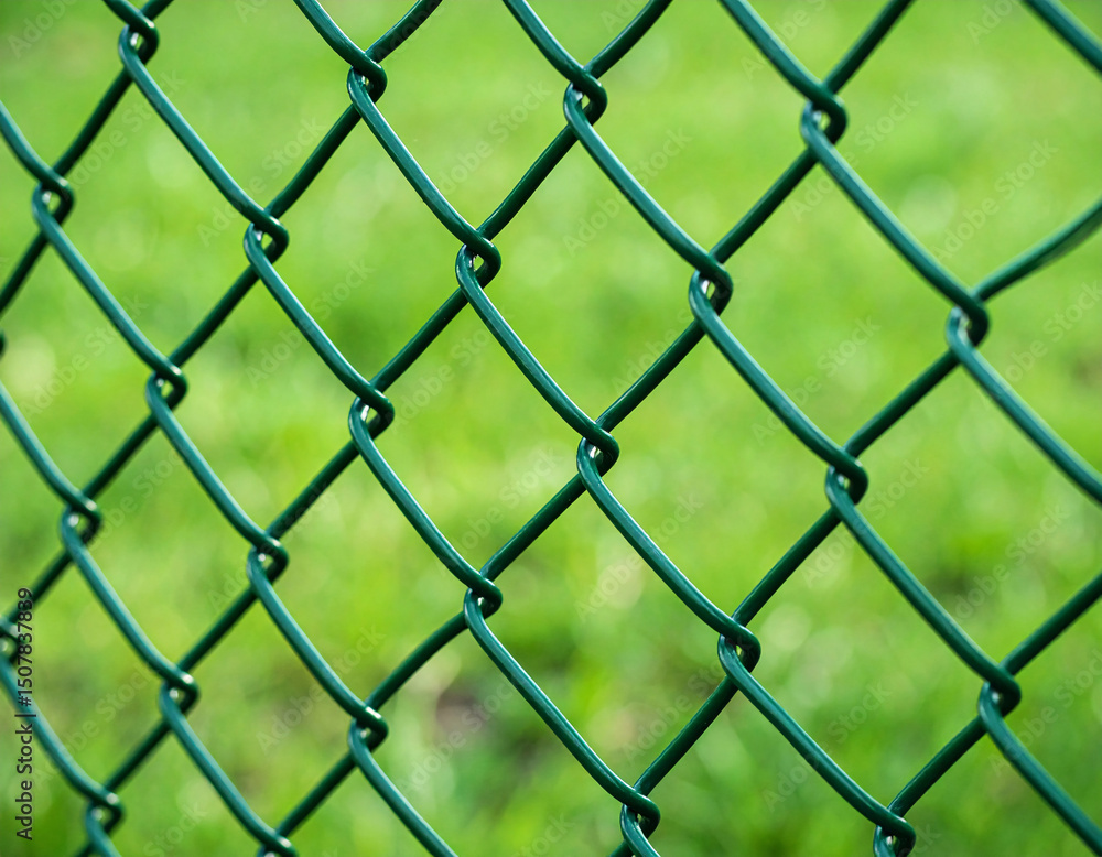 Fototapeta premium Emerald Mesh: A close-up of a verdant chain-link fence, its woven pattern creates a sense of security, set against a backdrop of a blurred green field.