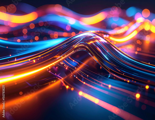 Digital Waves: A captivating digital rendering depicts a dynamic interplay of light and form, showcasing flowing waves of data that symbolize connectivity and technological advancement.
