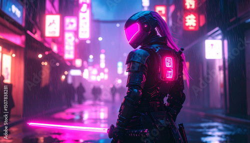 Cyberpunk Warrior in Neon City: A futuristic, cyberpunk warrior stands vigilantly in a bustling neon-lit city street, bathed in vibrant hues of pink and blue.