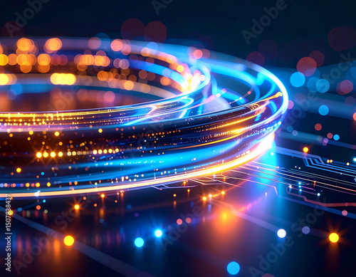 Digital Connectivity: A mesmerizing display of vibrant data streams and circuit boards, showcasing the essence of modern data transfer and network connectivity.