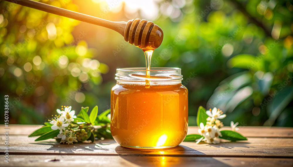 Golden Nectar: A wooden honey dipper suspended above a glass jar filled with viscous golden honey, with a few white flowers and green leaves, suggesting the bounty of the natural world. Golden Nectar: A wooden honey dipper suspended above a glass jar filled with viscous golden honey, with a few white flowers and green leaves, suggesting the bounty of the natural world.