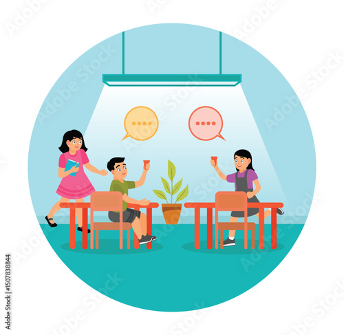 Children Spend Time Together During School Break Talking, and Sharing Drinks in the Canteen.