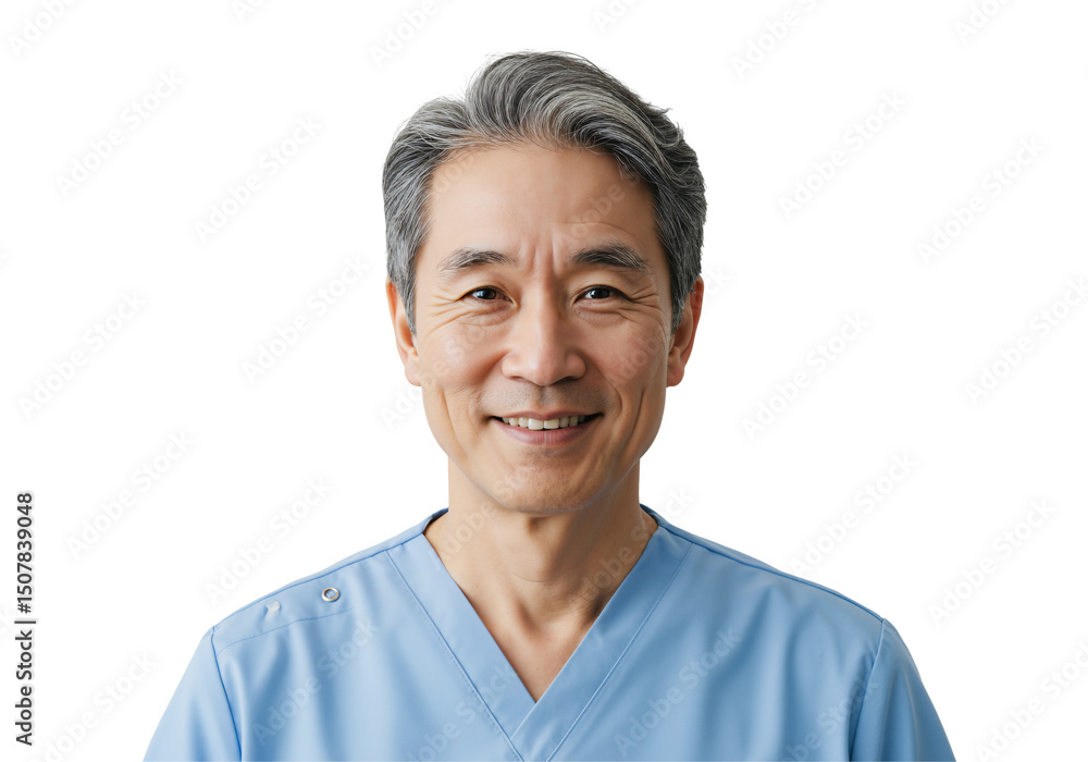 Portrait of a smiling middle-aged Asian male doctor or nurse in blue scrubs, looking confidently at the camera against a transparent background. Healthcare professional exuding warmth and expertise. Portrait of a smiling middle-aged Asian male doctor or nurse in blue scrubs, looking confidently at the camera against a transparent background. Healthcare professional exuding warmth and expertise.