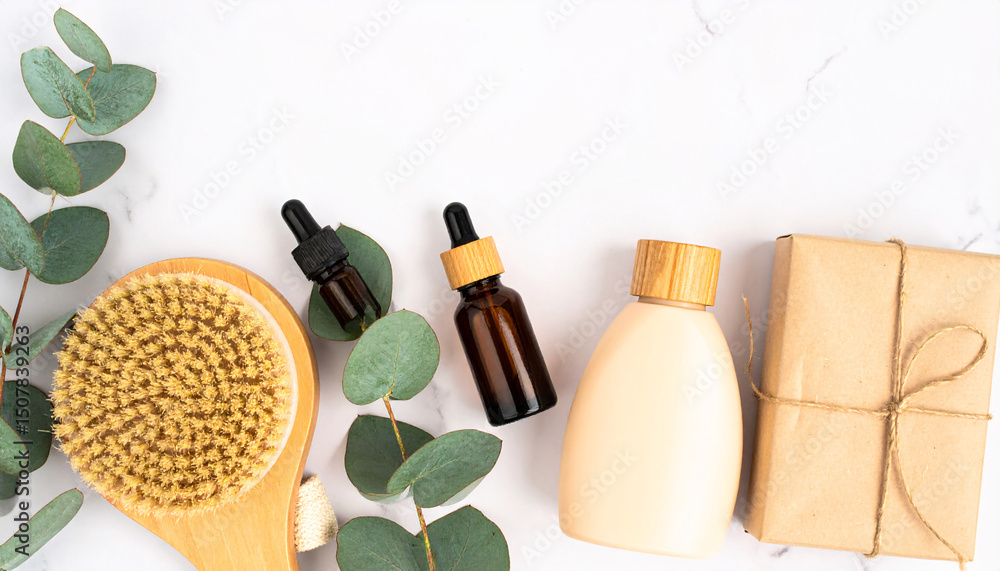 Naklejka premium Botanical Skincare Essentials: Natural skincare and self-care products artfully arranged with eucalyptus leaves, conveying a sense of well-being.