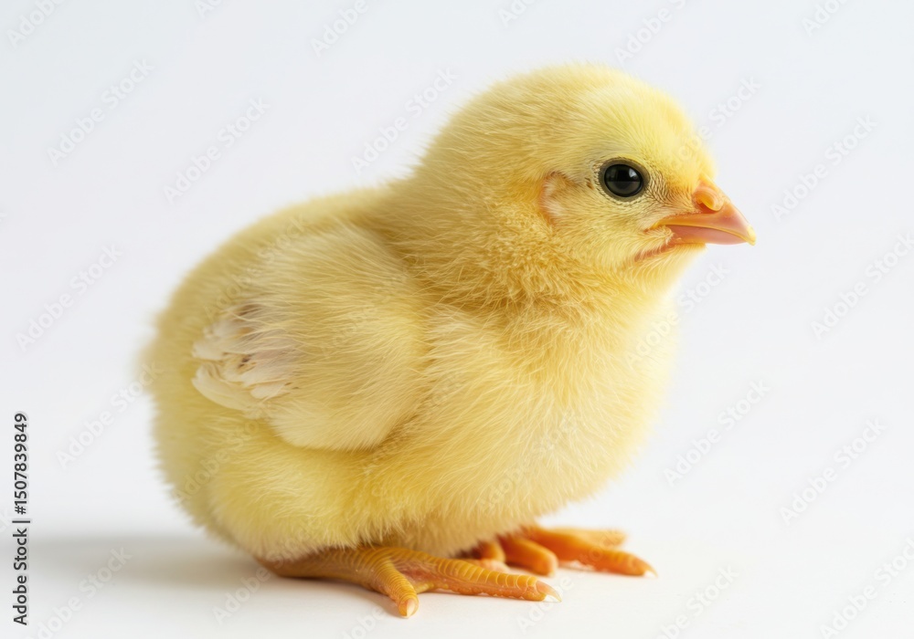Obraz premium Cute yellow chick isolated on white background looking right