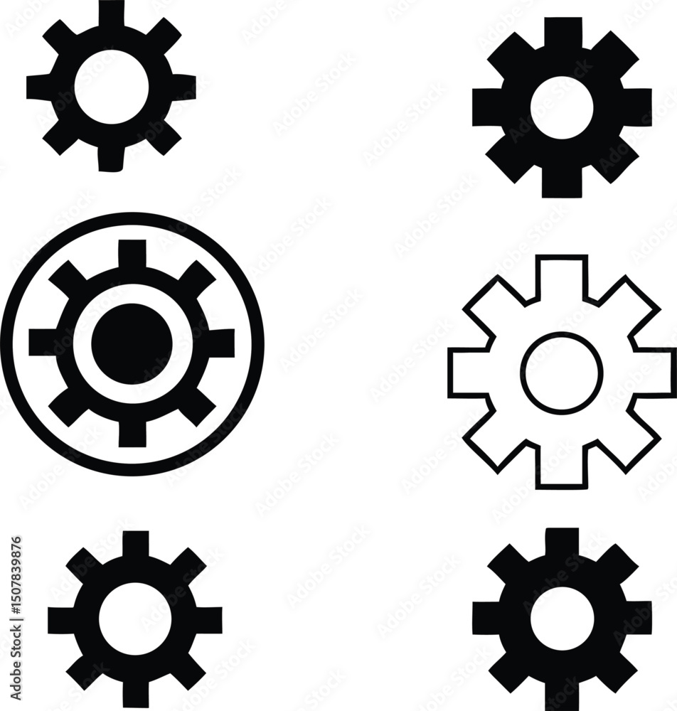 Collection of Gear Icons in Black and White for Settings or Mechanical Concepts Collection of Gear Icons in Black and White for Settings or Mechanical Concepts
