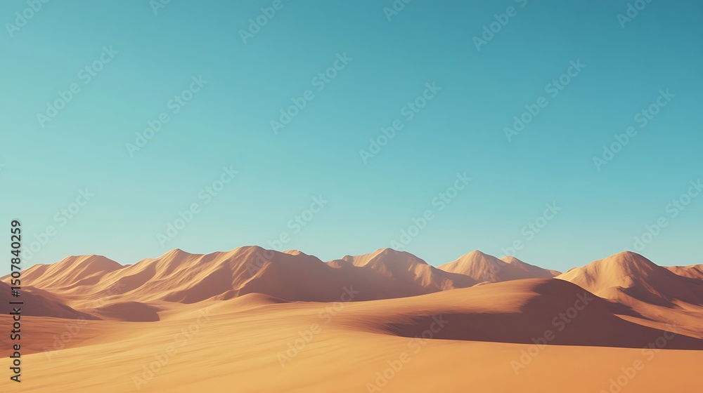 Fototapeta premium Vast desert landscape with sand dunes and mountains under a clear sky.
