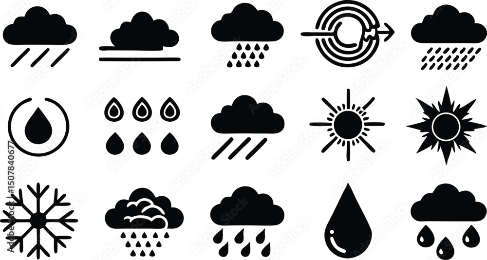 Weather Icons A Comprehensive Set of Rain, Sun, Snow, and Cloud Illustrations Weather Icons A Comprehensive Set of Rain, Sun, Snow, and Cloud Illustrations