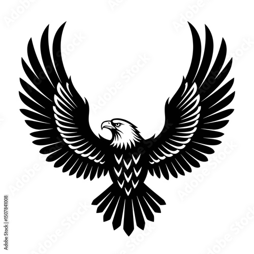 Vector illustration of an eagle with its wings spread widely in a symmetrical and stylized form emblem design on transparent background