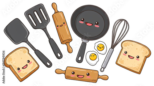 Cute Smiling Utensils in a Fun Kitchen Scene. Playful Cooking Tools with Faces