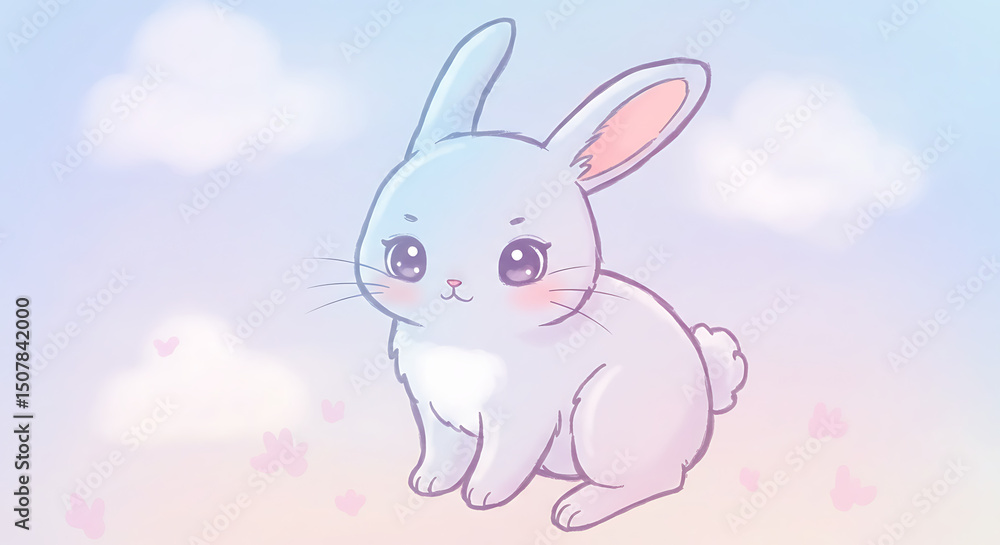 Adorable Pastel Bunny Rabbit in Soft Cloudscape Kawaii Style Illustration Adorable Pastel Bunny Rabbit in Soft Cloudscape Kawaii Style Illustration