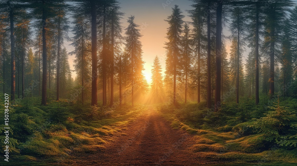 Fototapeta premium Sunlight filtering through a dense forest.