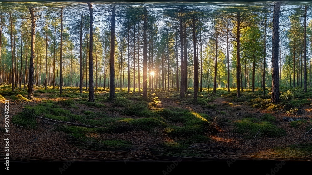 Fototapeta premium Sunlight filters through a dense forest of pine trees.