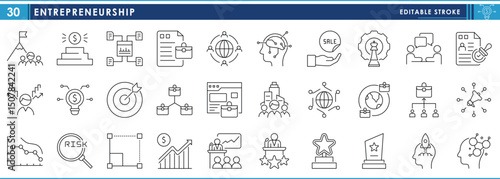 A set of line icons related to entrepreneurship. Business, risk, growth, invest, earn, diversify, scale, marketing, and so on. Vector editable stroke.