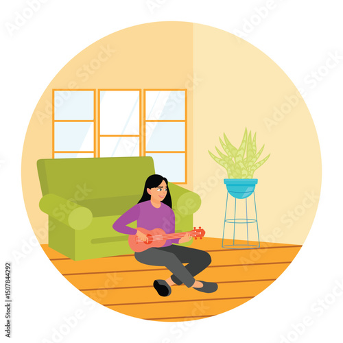 A Cheerful Woman Sitting on the Floor Enjoying Playing Ukulele Spending Free Time at Home.