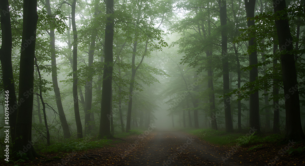 Fototapeta premium Mysterious Foggy Forest Path Serene Green Trees Misty Woodland Road