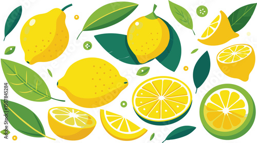 Vibrant Lemon Collection Fresh Citrus Fruits and Leaves Illustration