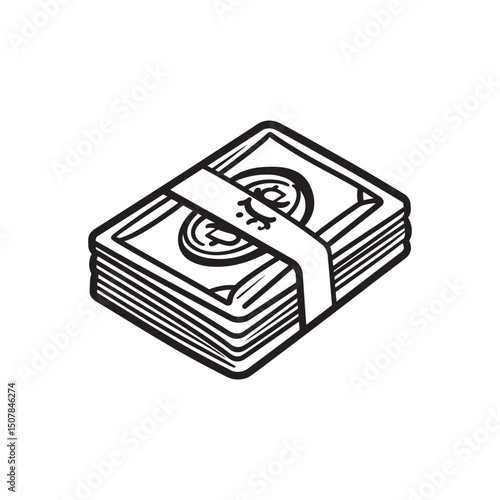 Stacked bundle of money secured with a paper strap shows wealth in monochrome