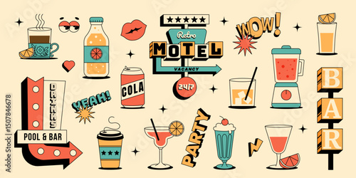 Retro bar and party themed elements, drinks, motel sign, neon signs and more. Fun design for nightlife, events or vintage illustrations. Flat vector set in 1950s style