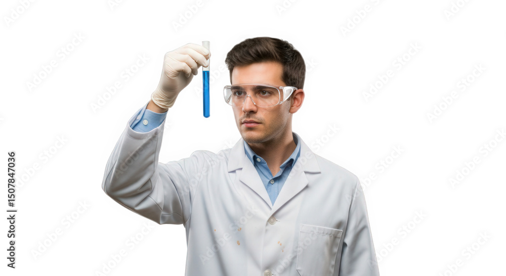 Scientist examining blue liquid in test tube wearing safety glasses in laboratory research experiment on transparent background Scientist examining blue liquid in test tube wearing safety glasses in laboratory research experiment on transparent background