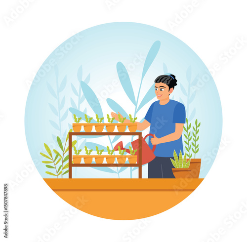 Man Watering plants or vegetables in flowerpots in a Modern Gardening Setup.