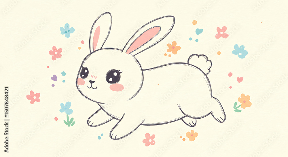 Adorable White Bunny Rabbit Hopping Through Spring Flowers Cute Cartoon Illustration Adorable White Bunny Rabbit Hopping Through Spring Flowers Cute Cartoon Illustration