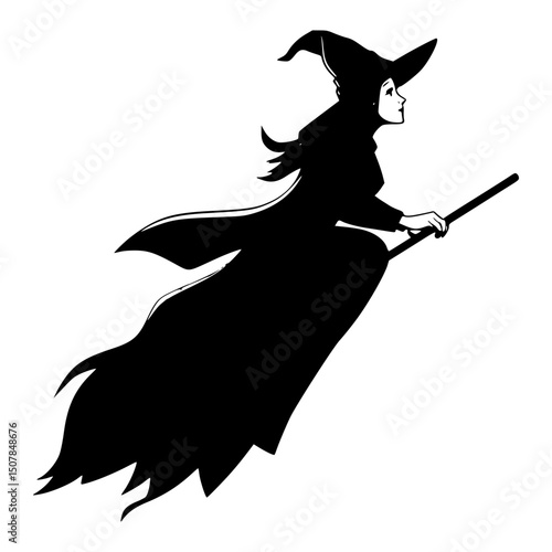 Enchanting Witch Silhouette Flying on Broomstick - Mystical Halloween Night Vector Illustration