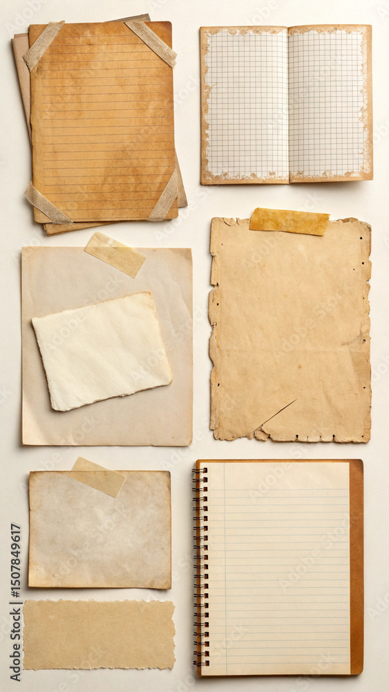 Fototapeta premium Collection of vintage papers and notebooks with tape