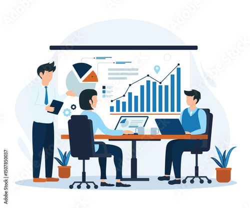 Team of company people working on business project