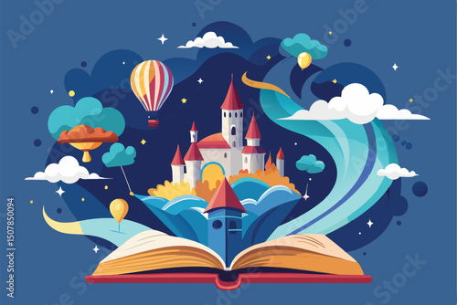 Fantasy Castle Emerging from an Open Book with Balloons and Clouds