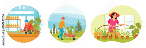 Man Growing Plants or Vegetables. Moving Plants in a Wheelbarrow. Woman Watering Potted Plants.