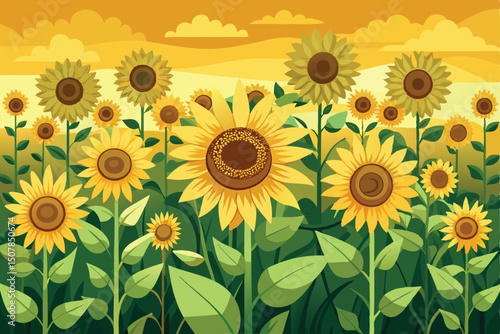 Vibrant Sunflower Field Illustration with Golden Sky and Clouds