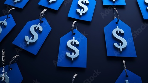 Blue price tags with dollar signs hanging on dark background.