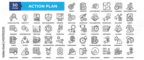 50 Action Plan icon set. Containing design strategy, plan, business, success, management	